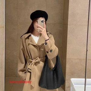 Maxmaras Women's Wrap Coat Camel Hair Coats 23fw New Weekend Lapel Lace Up Wool Double Sided Medium Length Wool Coat for Women RJKZ