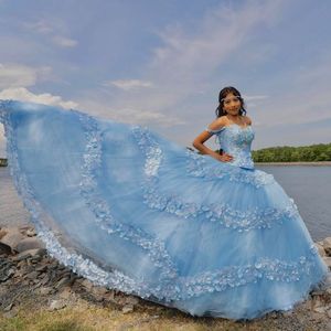 Sky Blue Quinceanera Dress Ball Suknie dla słodkich 16 dziewczyn aplikacje Koraliki ukochane suknie urodzinowe suknie urodzinowe koronkowe vestido de 15