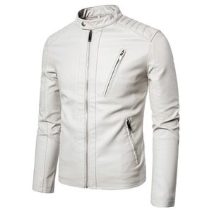 Casual Men's Motorcykel läderjacka Fashion Solid Stand Collar Outwear Trend White Black Windproof Coat Streetwear Jackets 240112