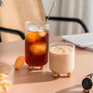 Wine Glasses Nordic Style Vertical Pattern Glass Transparent Water Coffee Cup Luxury Golden Round Bead Bottom Milk Juice Cups Home Tableware