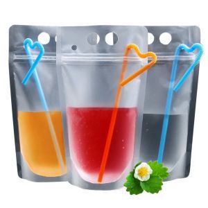 Bolsas para bebidas transparentes, estoque nos eua, sacos com zíper, plástico para beber, com canudo, com suporte, reutilizáveis, à prova de calor, sacos líquidos ll