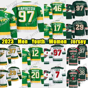 #97 Kirill Kaprizov hockey jersey #29 Marc-Andre Fleury Jared Spurgeon Mats Zuccarello Pat Maroon Marcus Foligno Brock Faber Matt Boldy Custom Men Youth Women jerseys