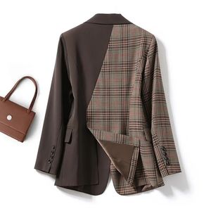 Autumn Plaid Splice Blazers Coats for Women Elegant Stylish Clothing Women's Business Suit Vintage Ladies Jackets Fashion 240112