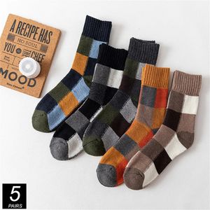 5 pares de lã de coelho xadrez homens meias de inverno pacote conjunto agulha dupla grosso tubo médio estilo britânico meias térmicas 240112