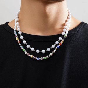 Pendant Necklaces 2pcs/set Simple Hip Hop Style Colorful Glass Crystal Beads Pearl Necklace Man Sunshine Boy Colored Bead Choker