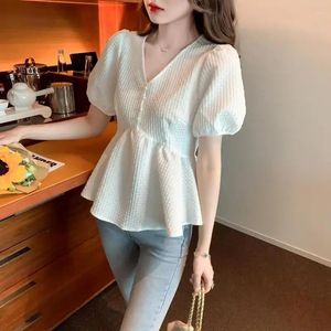 Blusas femininas plissadas camisas e babados topo para mulher chiffon com mangas inchadas luxery decote em v branco alto elegante social m y2k