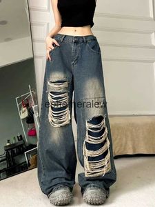 Kvinnors jeans byxor capris houzhou vintage rippade kvinnor baggy grunge y2k retro koreansk stil denim byxor gyaru streetwear överdimensionerade pojkvän