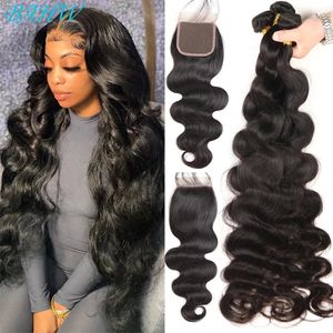 Brasiliansk kroppsvåg 3/4bunds med 4x4 stängning 100% mänskliga hårbuntar med spetsstängning Virgin Hair Weave for Women 240111