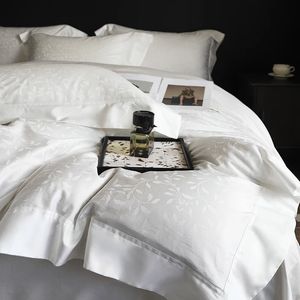 白い贅沢1000TCエジプトの綿サテンジャック装備の寝具セット絹のような柔らかい羽毛布団カバーベッドシートフィットピローケース240112
