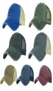 Kvinnor vintage tvättade nödställda baseball cap mesh lapptäcke bakåt vanlig fast färg rörig bun snapback trucker hat1739431
