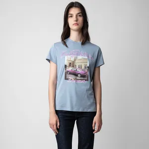 24SS Zadig Voltaire 디자이너 스트리트웨어 스웨트 셔츠 자동차 인쇄 여자 소녀 블루 야외 티셔츠