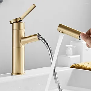 Bathroom Sink Faucets All Copper Pull-out Cold And Rotating Washbasin Basin Bottom Brass Gold Faucet