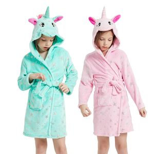 Çocuklar Unicorn Batrobe Kış Çocuk Pijamaları Kigurumi Hayvan Pazen PlaNel Plagwear Big Erkirler İçin Pijama Pijamaları Nightgown Yıldız Robe 240111