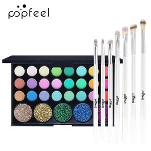 Borstar PopFeel29 färger skimmer matt glitter ögonskugga pulver mycket pigmenterad + 7 datorer borstar makeup set presentuppsättning smink palle