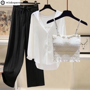 Springsummer Set Women's 2023 Korean Casual Hooded Chiffon Top Fashion Tank Wide Leg Pants Three Piece 240112