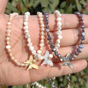 Pendant Necklaces Natural Pearl Necklace Pink Purple White Beads Cute Butterfly Charm Neckalce Chocker Women Party Wedding Jewelry