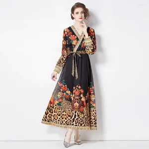 Casual Dresses Spring Fall Long Lantern Sleeve Maxi Dress for Women Vintage Leopard Floral Print Wrap Cross V-Neck Lace Up Robes