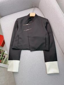 Women's Jackets 2024 Autumn Black Slant Lapel Hook Button Straight Colorblocked Office Lady Short Wool Suit Jacket Clothes