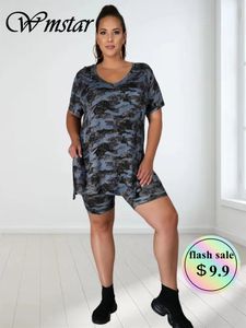 WMSTAR Plus Size Two Piece Set Camouflage Women's Clothing Short Set Matching Top and Pants Passar Summer Wholesale Drop 240111