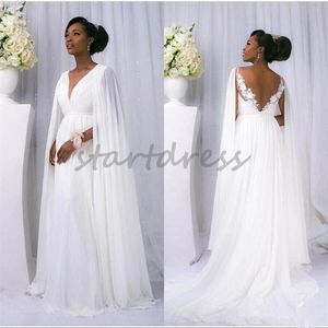 Abito da sposa premaman da spiaggia da favola con maniche a mantella Elegante abito da sposa bohémien in chiffon sudafricano della Nigeria Abito da sposa incinta in pizzo senza schienale sexy