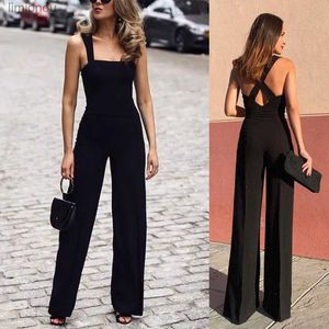 Women's Jumpsuits Rompers 2023 New Women's Elegant Jumpsuit Spaghetti Sleeveless Backless Wide Leg Pants Fashion Solid Evening Party Formal RompersL240111