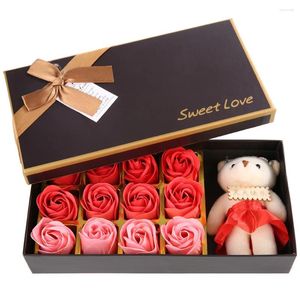 Dekorative Blumen, 12 Rosenblüten, Seife, Plüschbär, Valentinstag, romantisches Geschenk mit Box, Hochzeitsfeier-Dekoration