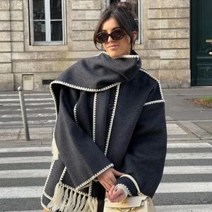 Farf ile Moda Gevşek Yün Palto Kadınlar Zarif Cep Uzun Kollu Sıcak Ceket Kadınlar 2023 Kış Kış Tek Göğüs Kalın Ceket 240112