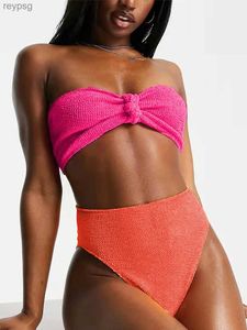 Women's Swimwear Sexy High Waist Bandeau Bikini Set Neon Crinkle Swimsuit Women Strapless Knot 2022 Bathing Suit Two Piece Beach Summer YQ240112