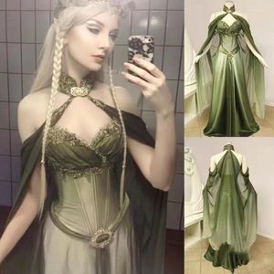 Abiti da festa Fantasia vittoriana Prom Abiti da sposa lunghi retrò verdi con applicazioni in pizzo avvolgente Abito da sera formale con corsetto