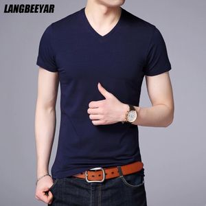 Summer Brand Tops 95% Cotton 5% Spandex T Shirt for Men v Neck Plain Color Short Sleeve Casual Fashion Mens kläder 240112