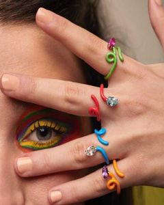 Cluster Rings Geometric Colorful Fashion Jewelry Single CZ Wrap Enamel Band Wire Women Ring Adjusted Size8682688