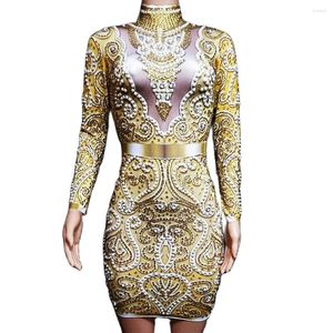 Stage Wear Sparkly Rhinestones Gold Diamonds Women Dress Long Sleeve Leotard Short Birthday Party Nightclub Singer Dance Costume