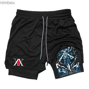 Herren-Shorts, Anime-Gym-Kompressionsshorts für Männer, 2-in-1-Performance-Shorts mit Handytasche, schnell trocknend, sportlich, Laufen, Workout, Fitness, L240111