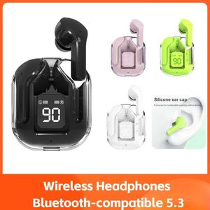 Fone de ouvido/fone de ouvido sem fio, transparente, led, display digital, som estéreo, bluetooth, compatível com 5.3, para trabalho esportivo