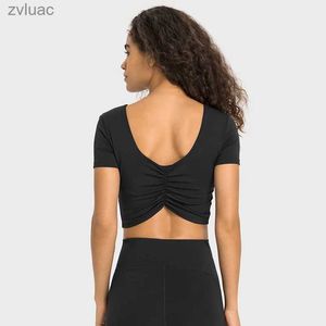 Yoga Outfit Yoga Outfit Ruched Backless Yoga Shirts Women Built In Bra Gym Fitness Crop Top Short Sleeve Running T-shirt Quick Dry Workout Clothes YQ240115