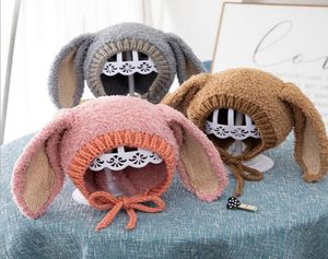 Autumn Winter Baby Cartoon Bunny Ears Hat Kids Sticked Cap Lace Up Child Warm Beanies Children Hat M2158164849