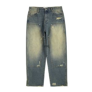 Jeans masculinos vintage lavado buraco oversize perna larga log jeans para homens azul spray pintado calças de limpeza reta baggy calças jeans largasyolq