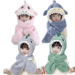 Winter Children's Plush Hat Shark Dinosaur Three-piece Double Hat Windproof Cold Soft and Comfortable Gloves to Protect Kids 240111