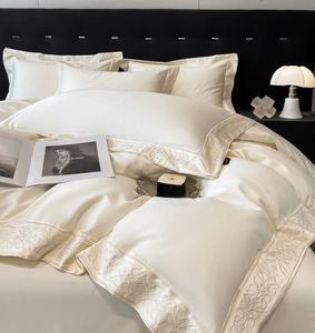 Luxuriöses Bettwäsche-Set aus 100 % ägyptischer Baumwolle mit Stickerei im El-Stil, einfacher einfarbiger Bettbezug, flacher Bettlaken und Kissenbezug 240112