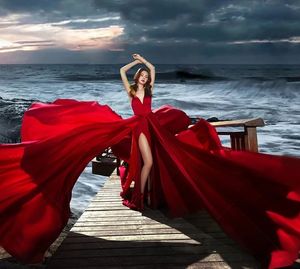 Sexy Beach Evening Dress With Long Train Vestido Longos Dark Red Prom Wear 2024 Robe De Soiree High Slit Formal Gown Photography