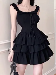 Casual Dresses 2024 Black Gothic Lolita Kawaii Slip Dress Soft Girl Goth Harajuku Off Axla rygglös sexig cosplay ruffles Party Y2K