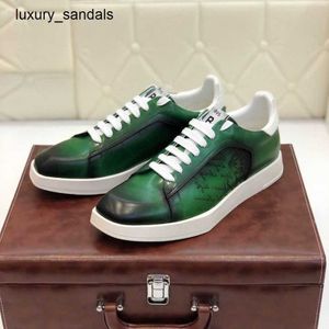 Berluti Mens Shoes Playoff Leather Sneakers Berlut New Mens Calf Brush Color Retro Fashion Casual Scritto Pattern Trendy Lace Up Rj