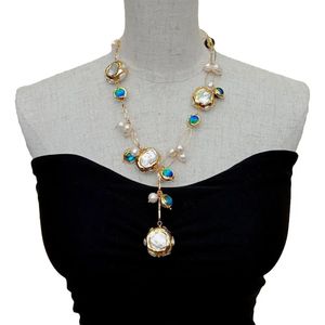 YYGEM Blue Murano Glass Freshwater Cultured White Keshi Pearl Gold Filled Chain Necklace 21 240111