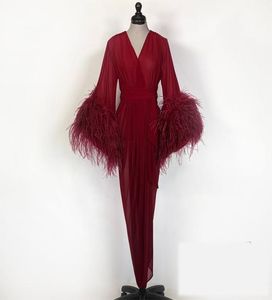 Luxury Ostrich Feather Night Gown Bourgogne Bride Sleepwear Robes Tulle Custom Made Long Sleeves Dressing Clown Women Sexig Sleepwear6741700