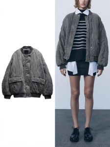 ZBZA Giacca bomber allentata trapuntata da donna Autunno Inverno Girocollo Manica lunga Cappotto Tasca con patta Zip Capispalla caldo femminile 240112