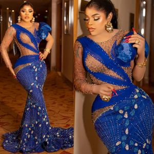 Royal Blue Luxury Aso Ebi Prom Dresses For Black Women Illusion Mermaid Formell aftonklänning Födelsedagsfestklänning Andra mottagningsklänningar Vestido de Sorrie ST792