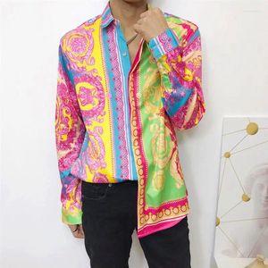 Herrklänningskjortor Fashion Luxury 3D Colorful Crown Blossom Leisure Long Sleeve Man Shirt Brand Western Style Classic Tops