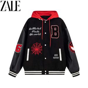 Zale outono com capuz jaqueta de beisebol aranha web bordado gráfico varsity jaqueta de couro casaco de beisebol streetwear 240112