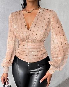 Women's Blouses Blouse For Women 2024 Spring Deep V Neck Sequined Plunge Lantern Sleeve Bodycon Shirt Sequin Mesh Top Solid Color Pullover