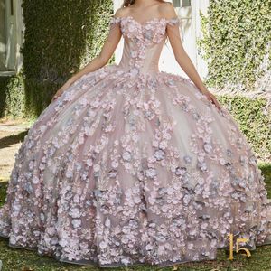 2024 rosa glänzendes Ballkleid Quinceanera-Kleider Perlen 3D-Blumen-Applikation Tull Vestidos De 15 Anos Korsett-Kleid für den 16. Geburtstag